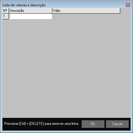 Lista de valores e descrição